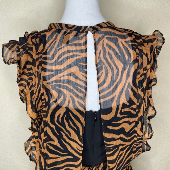 Express Tiger Zebra Animal Print Chiffon Ruffle Cut Out Back Mini Dress Sz M - Picture 6 of 15